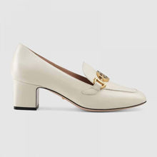 Load image into Gallery viewer, Gucci Women Gucci Zumi Leather Mid-Heel Loafer with Interlocking G Horsebit in 5.6 cm Height-White
