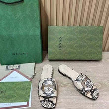Load image into Gallery viewer, Gucci Women Interlocking G Cut Out Slide Sandal Beige Black Python Print Leather Flat