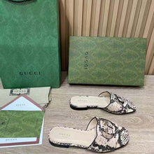 Load image into Gallery viewer, Gucci Women Interlocking G Cut Out Slide Sandal Beige Black Python Print Leather Flat