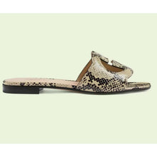 Load image into Gallery viewer, Gucci Women Interlocking G Cut Out Slide Sandal Beige Black Python Print Leather Flat