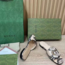 Load image into Gallery viewer, Gucci Women Interlocking G Cut Out Slide Sandal Beige Black Python Print Leather Flat