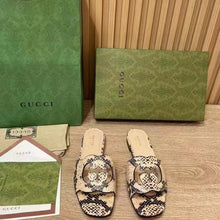 Load image into Gallery viewer, Gucci Women Interlocking G Cut Out Slide Sandal Beige Black Python Print Leather Flat