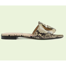 Load image into Gallery viewer, Gucci Women Interlocking G Cut Out Slide Sandal Beige Black Python Print Leather Flat