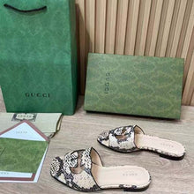 Load image into Gallery viewer, Gucci Women Interlocking G Cut Out Slide Sandal Beige Black Python Print Leather Flat