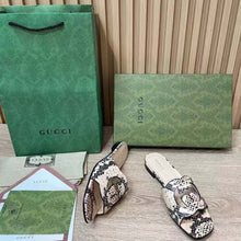Load image into Gallery viewer, Gucci Women Interlocking G Cut Out Slide Sandal Beige Black Python Print Leather Flat