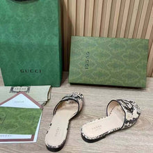 Load image into Gallery viewer, Gucci Women Interlocking G Cut Out Slide Sandal Beige Black Python Print Leather Flat