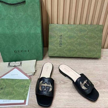 Load image into Gallery viewer, Gucci Women Interlocking G Cut Out Slide Sandal Black Leather Flat