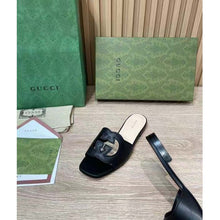 Load image into Gallery viewer, Gucci Women Interlocking G Cut Out Slide Sandal Black Leather Flat