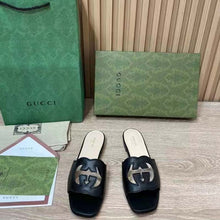 Load image into Gallery viewer, Gucci Women Interlocking G Cut Out Slide Sandal Black Leather Flat