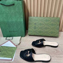 Load image into Gallery viewer, Gucci Women Interlocking G Cut Out Slide Sandal Black Leather Flat