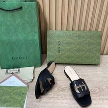 Load image into Gallery viewer, Gucci Women Interlocking G Cut Out Slide Sandal Black Leather Flat