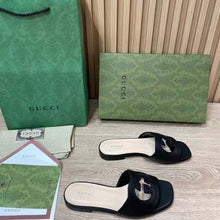 Load image into Gallery viewer, Gucci Women Interlocking G Cut Out Slide Sandal Black Leather Flat