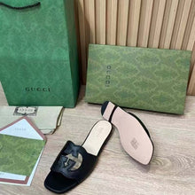 Load image into Gallery viewer, Gucci Women Interlocking G Cut Out Slide Sandal Black Leather Flat