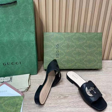 Load image into Gallery viewer, Gucci Women Interlocking G Cut Out Slide Sandal Black Leather Flat