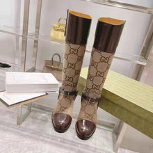 Load image into Gallery viewer, Gucci Women Knee-High Boot Harness Beige Ebony Maxi GG Canvas Interlocking G
