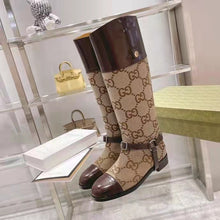 Load image into Gallery viewer, Gucci Women Knee-High Boot Harness Beige Ebony Maxi GG Canvas Interlocking G