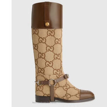 Load image into Gallery viewer, Gucci Women Knee-High Boot Harness Beige Ebony Maxi GG Canvas Interlocking G
