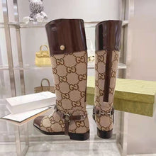 Load image into Gallery viewer, Gucci Women Knee-High Boot Harness Beige Ebony Maxi GG Canvas Interlocking G