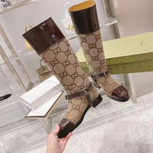 Load image into Gallery viewer, Gucci Women Knee-High Boot Harness Beige Ebony Maxi GG Canvas Interlocking G