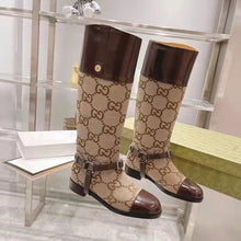 Load image into Gallery viewer, Gucci Women Knee-High Boot Harness Beige Ebony Maxi GG Canvas Interlocking G