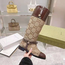 Load image into Gallery viewer, Gucci Women Knee-High Boot Harness Beige Ebony Maxi GG Canvas Interlocking G
