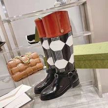 Load image into Gallery viewer, Gucci Women Knee-High Optical Print Boot Black Brown Leather Interlocking G