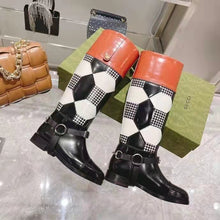 Load image into Gallery viewer, Gucci Women Knee-High Optical Print Boot Black Brown Leather Interlocking G