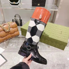 Load image into Gallery viewer, Gucci Women Knee-High Optical Print Boot Black Brown Leather Interlocking G