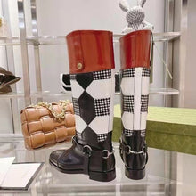 Load image into Gallery viewer, Gucci Women Knee-High Optical Print Boot Black Brown Leather Interlocking G