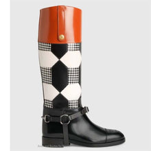 Load image into Gallery viewer, Gucci Women Knee-High Optical Print Boot Black Brown Leather Interlocking G