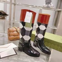 Load image into Gallery viewer, Gucci Women Knee-High Optical Print Boot Black Brown Leather Interlocking G