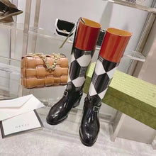 Load image into Gallery viewer, Gucci Women Knee-High Optical Print Boot Black Brown Leather Interlocking G