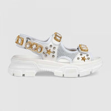 Load image into Gallery viewer, Gucci Women Leather and Mesh Sandal with Crystals 4.6 cm Heel-White