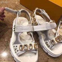 Load image into Gallery viewer, Gucci Women Leather and Mesh Sandal with Crystals 4.6 cm Heel-White