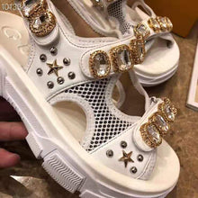 Load image into Gallery viewer, Gucci Women Leather and Mesh Sandal with Crystals 4.6 cm Heel-White