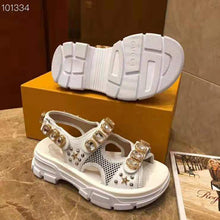 Load image into Gallery viewer, Gucci Women Leather and Mesh Sandal with Crystals 4.6 cm Heel-White