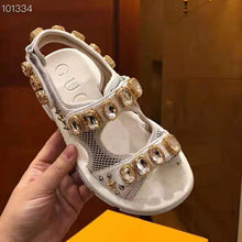 Load image into Gallery viewer, Gucci Women Leather and Mesh Sandal with Crystals 4.6 cm Heel-White