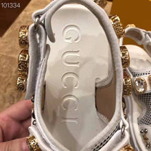 Load image into Gallery viewer, Gucci Women Leather and Mesh Sandal with Crystals 4.6 cm Heel-White