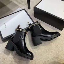 Load image into Gallery viewer, Gucci Women Leather Ankle Boot with Belt 6 cm Heel in Black Shiny Leather