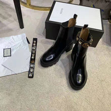 Load image into Gallery viewer, Gucci Women Leather Ankle Boot with Belt 6 cm Heel in Black Shiny Leather