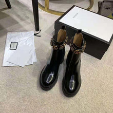 Load image into Gallery viewer, Gucci Women Leather Ankle Boot with Belt 6 cm Heel in Black Shiny Leather