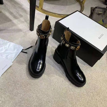 Load image into Gallery viewer, Gucci Women Leather Ankle Boot with Belt 6 cm Heel in Black Shiny Leather