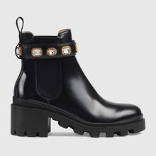 Load image into Gallery viewer, Gucci Women Leather Ankle Boot with Belt 6 cm Heel in Black Shiny Leather