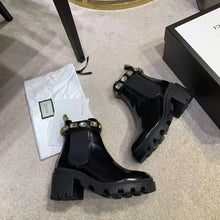 Load image into Gallery viewer, Gucci Women Leather Ankle Boot with Belt 6 cm Heel in Black Shiny Leather