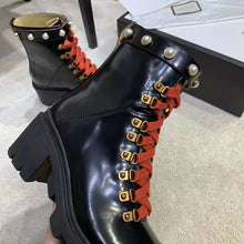 Load image into Gallery viewer, Gucci Women Leather Ankle Boot with Red Laces in Black Shiny Leather