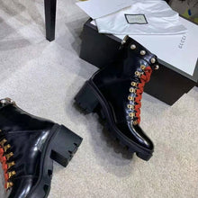 Load image into Gallery viewer, Gucci Women Leather Ankle Boot with Red Laces in Black Shiny Leather