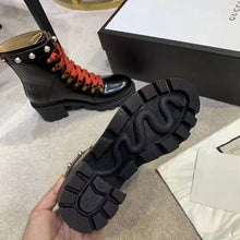 Load image into Gallery viewer, Gucci Women Leather Ankle Boot with Red Laces in Black Shiny Leather