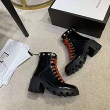 Load image into Gallery viewer, Gucci Women Leather Ankle Boot with Red Laces in Black Shiny Leather