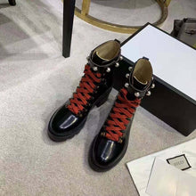 Load image into Gallery viewer, Gucci Women Leather Ankle Boot with Red Laces in Black Shiny Leather