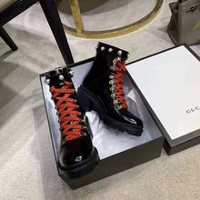 Load image into Gallery viewer, Gucci Women Leather Ankle Boot with Red Laces in Black Shiny Leather
